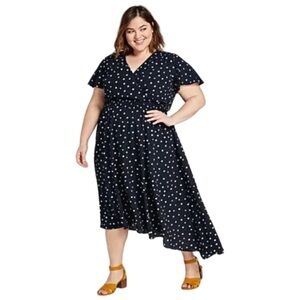Lane Bryant Womens Midi Dress Size 22 24 Blue White Polka Dot Flutter Sleeve NWT